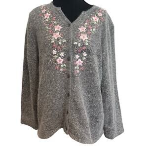 Vintage Embroidered Floral Cardigan Sweater Silk Angora Wool Cottage Grandma L